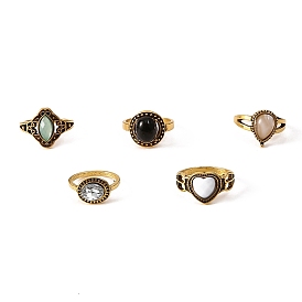 5Pcs 5 Style Opal & Natural Obsidian & Glass Finger Rings Set, Oval & Heart & Teardrop Alloy Stackable Rings for Women