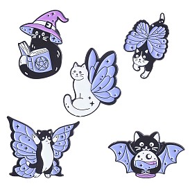 5Pcs 5 Style Magic Wizard Cat Enamel Pins, Electrophoresis Black Alloy Cartoon Brooches for Backpacks Clothes Hats