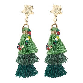 201 Stainless Steel Stud Earrings, with Glass Bead and Polycotton Tassel, Christmas Tree, Green