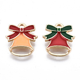 Light Gold Plated Alloy Enamel Pendants, Cadmium Free & Lead Free, for Christmas, Bell