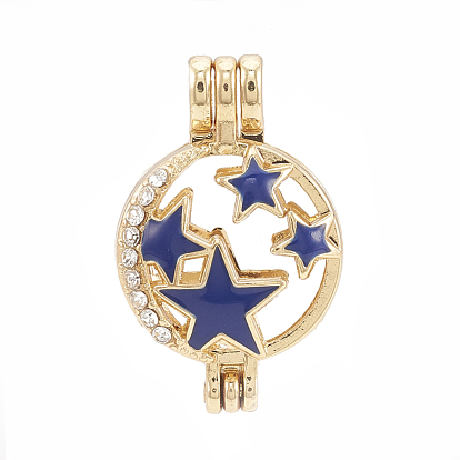 Colgantes del locket de la aleación, medallón difusor, con diamantes de imitación y esmalte, hueco, plano y redondo con estrella, cristal