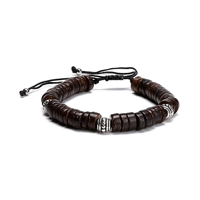 Donut Coconut Braided Bead Bracelet for Men Women, Tibetan Silver Alloy Beads Adjustable Bracelet