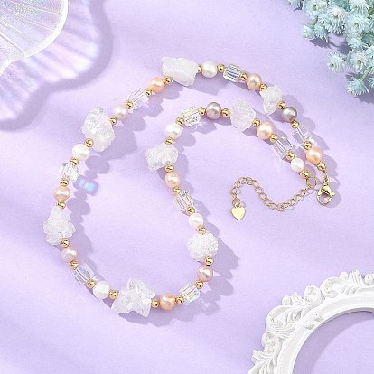 Collares de ágata drusa natural galvanizada, perlas cultivadas de agua dulce naturales y cuentas de vidrio galvanizadas., pepitas, dorado