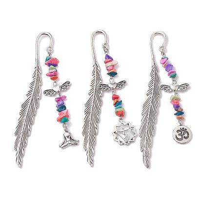 Tibetan Style Alloy Feather Bookmark, with Synthetic Turquoise Beads and Yoga Charm