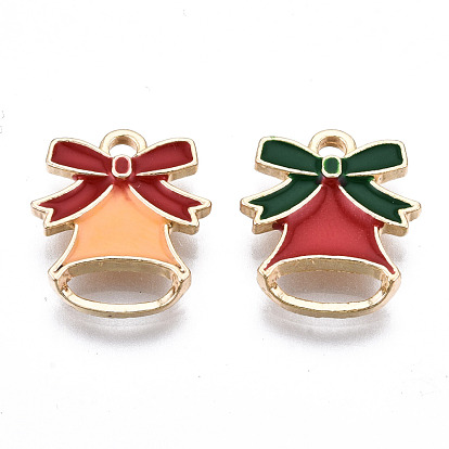 Light Gold Plated Alloy Enamel Pendants, Cadmium Free & Lead Free, for Christmas, Bell