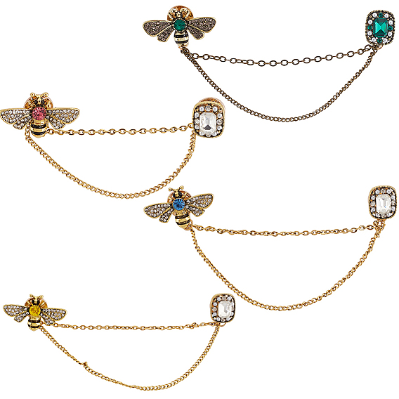 4 шт. 4 цветные стеклянные броши-цепочки в виде пчелы и прямоугольника, булавка в виде животного из сплава для воротника рубашки, золотые