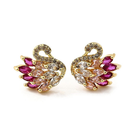 Серьги-гвоздики в форме лебедя из латуни с микропаве и кубическим цирконием, без кадмия и без свинца