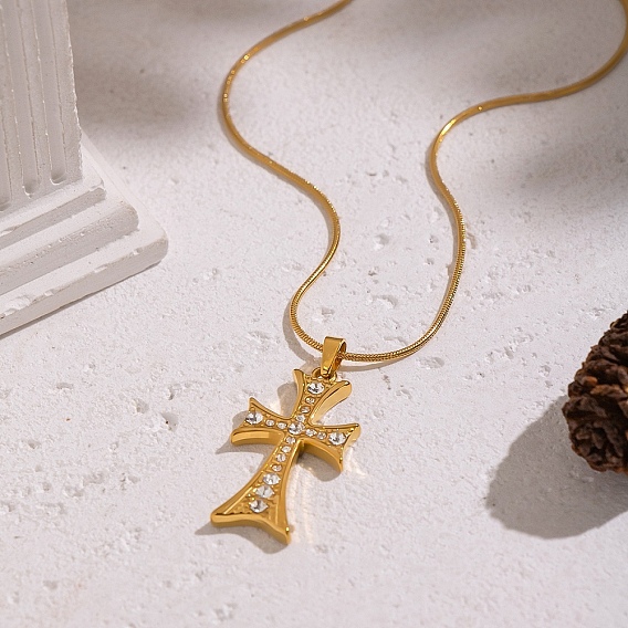 Мода 304 кулон-крест из нержавеющей стали с кристаллами и стразами, ожерелья в форме круглой змеи для женщин