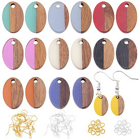 Kits de fabrication de boucles d'oreilles pendantes en bois de noyer, 18 pcs 9 couleurs pendentifs ovales en résine et bois de noyer, crochets et anneaux de saut en laiton
