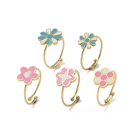 Flower 304 Stainless Steel Enamel Ring, 316 Surgical Stainless Steel Open Cuff Ring for Women, Real 18K Gold Plated