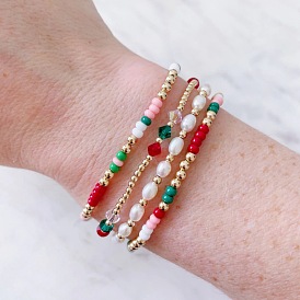 Bohemian Glass Seed Bead & Plastic Pearl Beads Stretch Bracelets for Women, Round, with Brass