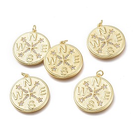 Brass Micro Pave Clear Cubic Zirconia Pendants, with Jump Rings, Long-Lasting Plated, Flat Round with Compass Shapes