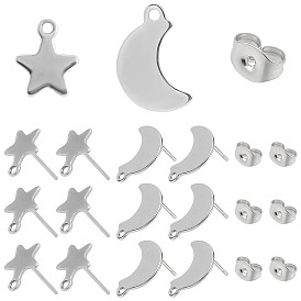 80pcs 304 Boucles d'oreilles à tige en acier inoxydable en forme de lune et d'étoile, avec boucle, écrous d'oreille, dos d'oreille