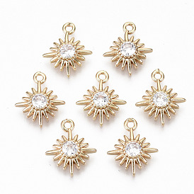 Brass Micro Pave Cubic Zirconia Charms, Light Gold, Long-Lasting Plated, Cadmium Free & Lead Free, Sun
