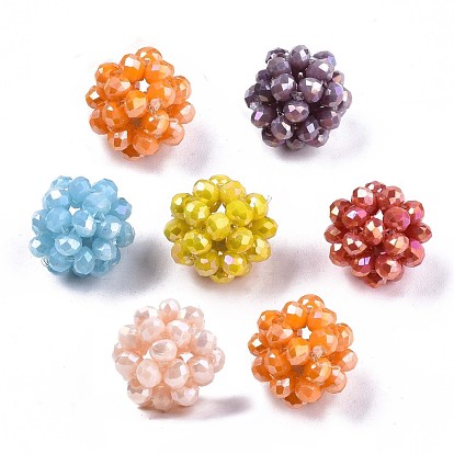 Electroplate Opaque Glass Round Woven Beads, Cluster Beads, AB Color Plated, Faceted
