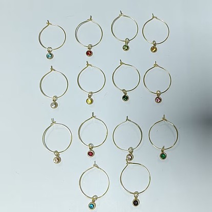14 piezas 14 colores dijes de copa de vino de diamantes de imitación de acero inoxidable, Dijes de piedra natal redondos y planos, con anillo de latón con dijes de copa de vino