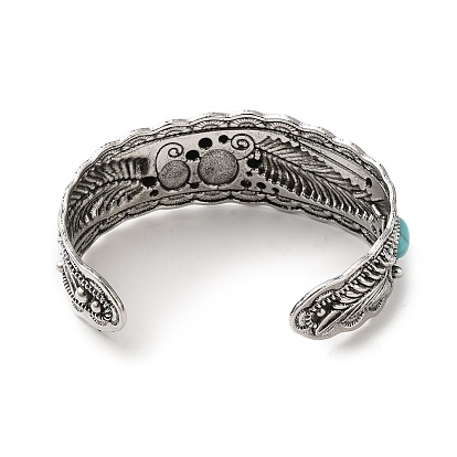 Tibetan Style Alloy Cuff Bangles, Bohemian Style Feather Bangle for Women, with Imitation Turquoise