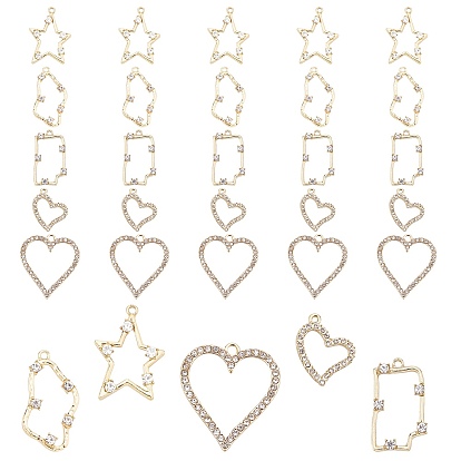 30Pcs 5 Style Light Gold Plated Alloy Rhinestone Pendants, Rectangle & Heart & Star & Twist