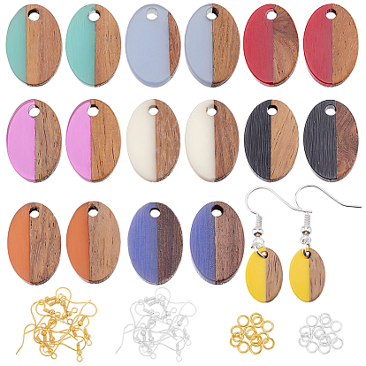 Kits de fabrication de boucles d'oreilles pendantes en bois de noyer, 18 pcs 9 couleurs pendentifs ovales en résine et bois de noyer, crochets et anneaux de saut en laiton
