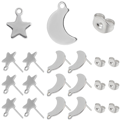 80pcs 304 Boucles d'oreilles à tige en acier inoxydable en forme de lune et d'étoile, avec boucle, écrous d'oreille, dos d'oreille
