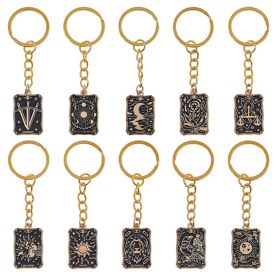 10Pcs 10 Styles Alloy Enamel Keychains, with Iron Split Key Rings, Rectangle with Tarot