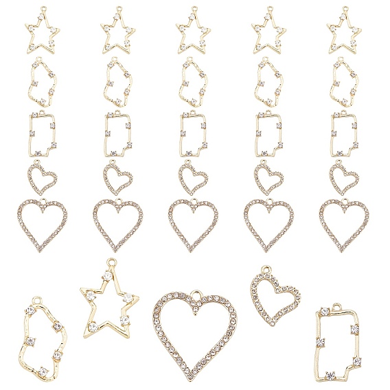 30Pcs 5 Style Light Gold Plated Alloy Rhinestone Pendants, Rectangle & Heart & Star & Twist