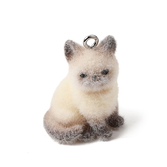 Flocking Opaque Resin Pendants, Siamese Cat Charm, with Platinum Iron Loops