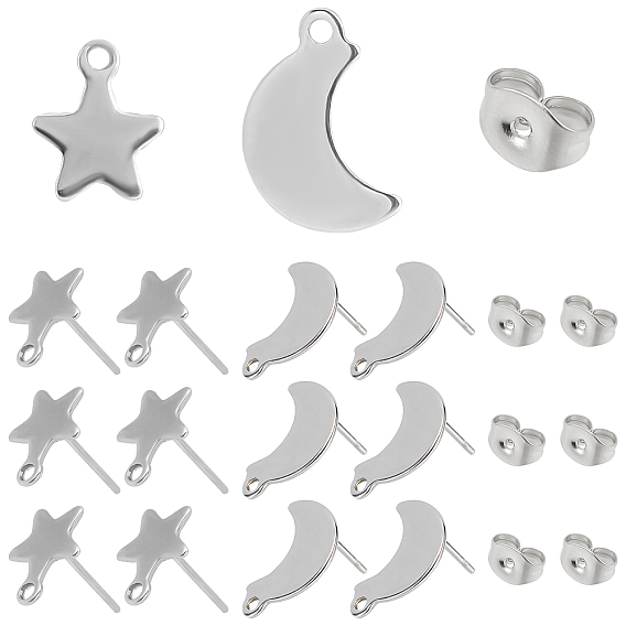 80Pcs 304 Stainless Steel Moon & Star Stud Earring Findings, with Loop, Ear Nuts, Earring Backs
