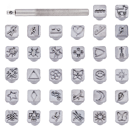 1 набор инструментов для штамповки кожи в индийском стиле с изображением солнца/насекомых/цветов, включая ручку, для ремня своими руками, деревянная ремесленная печать