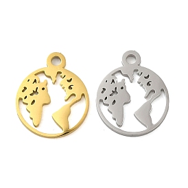 304 Stainless Steel Charms, Laser Cut, Flat Round with Map Charm