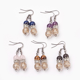 Cuentas de piedras preciosas naturales cuelgan aretes, con granos de acrílico de recubrimiento, Perlas espaciadoras de diamantes de imitación de latón y ganchos para pendientes de latón