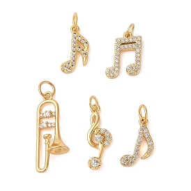 Rack Plating Brass Micro Pave Clear Cubic Zirconia Pendants, Long-Lasting Plated, Cadmium Free & Lead Free, Real 18K Gold Plated, Musical Note/Trumpet, with Jump Rings