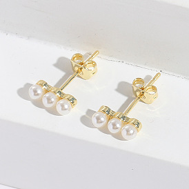Minimalist Rectangle Pearl Earrings with Silver Studs for Women