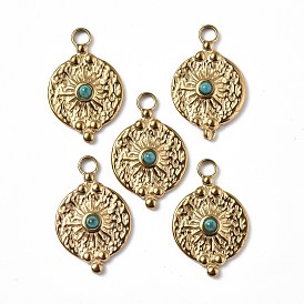 Vacuum Plating 201 Stainless Steel Natural Turquoise Pendants, Real 18K Gold Plated, Flat Round with Sun Charms