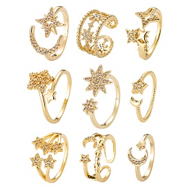 9Pcs 9 Style Adjustable Brass Micro Pave Clear Cubic Zirconia Cuff Rings, Open Rings, Long-Lasting Plated, Moon & Star