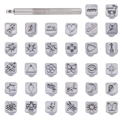 1 набор инструментов для штамповки кожи в индийском стиле с изображением солнца/насекомых/цветов, включая ручку, для ремня своими руками, деревянная ремесленная печать