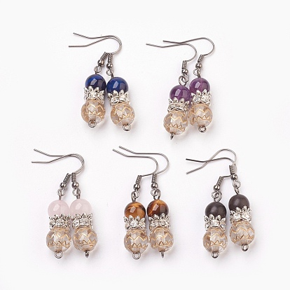 Cuentas de piedras preciosas naturales cuelgan aretes, con granos de acrílico de recubrimiento, Perlas espaciadoras de diamantes de imitación de latón y ganchos para pendientes de latón