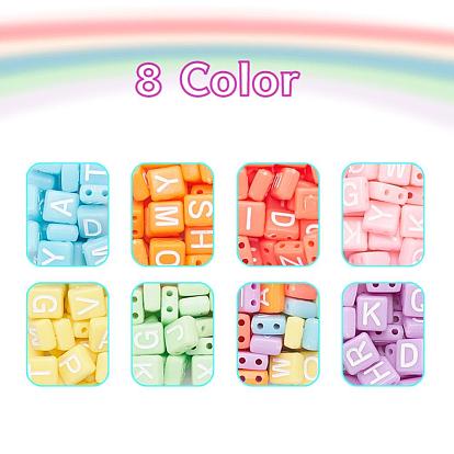 240Pcs 8 Colors Opaque Acrylic Multi-Strand Links, for Tile Elastic Bracelets Making, Rectangle with Random Letter