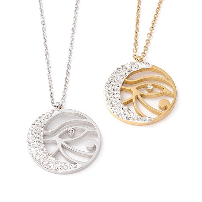 Crystal Rhinestone Flat Round with Eye of Ra/Re Pendant Necklace, 304 Stainless Steel Jewelry for Women Ion Plating(IP)