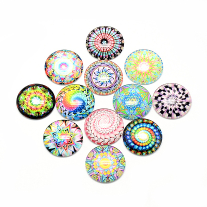 Printed Glass Flat Back Cabochons, Dome/Half Round, Geometric Flower Theme