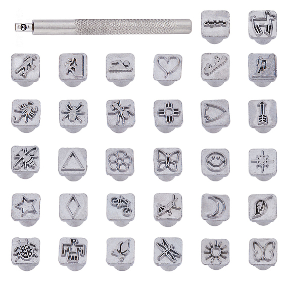 1 набор инструментов для штамповки кожи в индийском стиле с изображением солнца/насекомых/цветов, включая ручку, для ремня своими руками, деревянная ремесленная печать