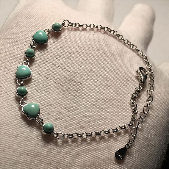 Синтетические браслеты бирюзовый ссылка, браслеты-цепочки роло для женщин, сердце, с серебром 925 пробы и клеймом 925