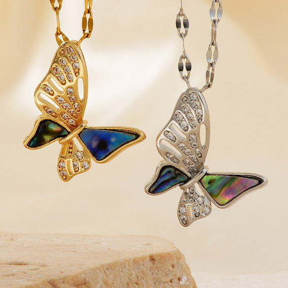 Полые латунные прозрачные кубические цирконии бабочка подвеска ожерелье, с Пауа оболочке