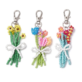 Bouquet Glass Seed Beaded Pendant Decoration, Alloy Swivel Lobster Claw Clasps Charms for Bag Ornaments