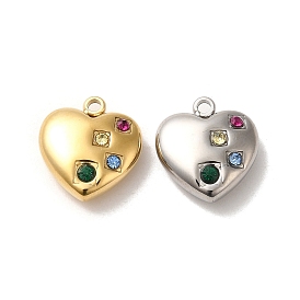 304 Stainless Steel Charms, with Colorful Rhinestone, Heart Charm