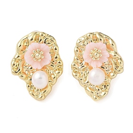 Flower Natural Pearl Stud Earrings, Brass Shell Jewelry for Women