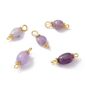 Natural Amethyst Links Connectors, with Alloy Daisy Spacer Beads & Brass Eye Pin, Golden, Nuggets