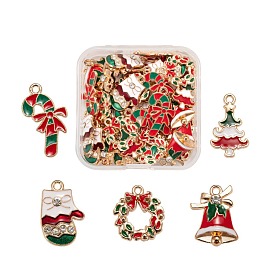50Pcs 5 Style Christmas Theme Alloy Enamel Pendants, Cadmium Free & Lead Free, Light Gold, Candy Cane & Bell & Gloves & Wreath with Bowknot & Tree