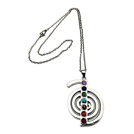 7 Chakra Theme Natural & Synthetic Mixed Genstone Vortex Pendant Necklace, with Zinc Alloy Chains