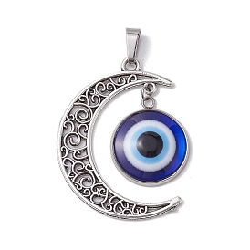Blue Evil Eye Resin Pendants, Tibetan Style Alloy Hollow Moon Charms